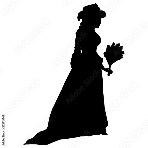 Romantic female silhouette in vintage style in hat, long antique dress with plume, fan, curly hair. For poster, print, design, covers, fabric, logo, advertising, interior decor, salon, decoupage