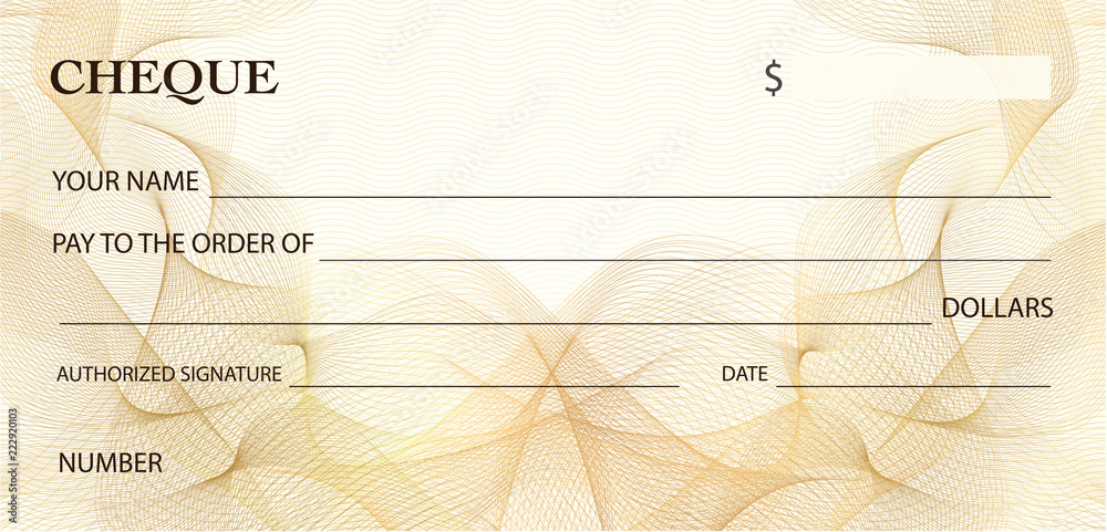 Check (cheque), Chequebook template. Gold lines pattern (Guilloche watermark). Background for ticket, Voucher, Gift certificate, Coupon, banknote, money design, currency, bank note, check (cheque)
