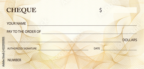 Fototapeta Naklejka Na Ścianę i Meble -  Check (cheque), Chequebook template. Gold lines pattern (Guilloche watermark). Background for ticket, Voucher, Gift certificate, Coupon, banknote, money design, currency, bank note, check (cheque)