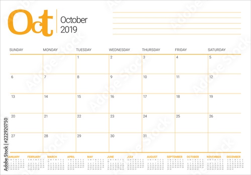October 2019 desk calendar vector illustration