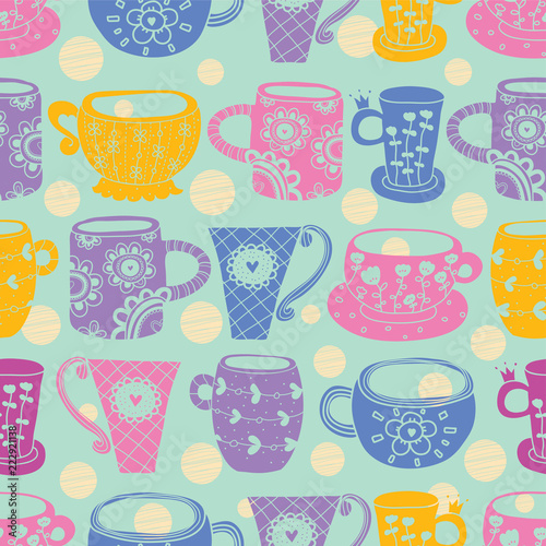 Cute cups. Vector seamless pattern.
