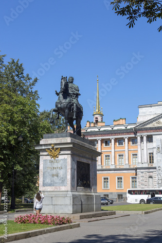 St. Petersburg, Russia - August 08, 2018: Bronze equestrian monument of Peter the Great in front of St. Michael's Castle in St. Petersburg.