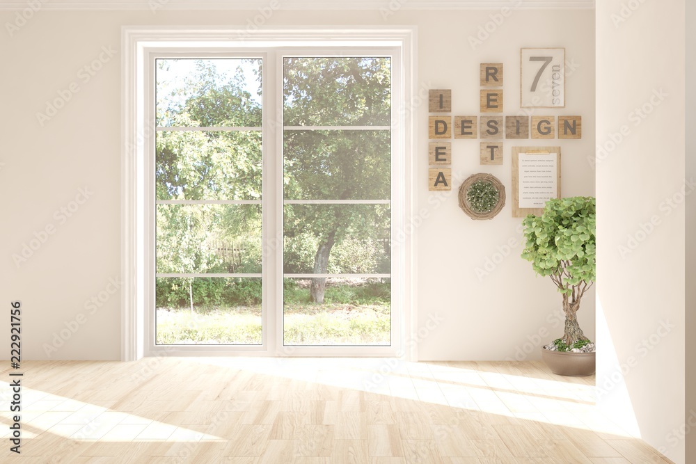 Fototapeta premium White empty room with summer landscape in window. Scandinavian interior design. 3D illustration