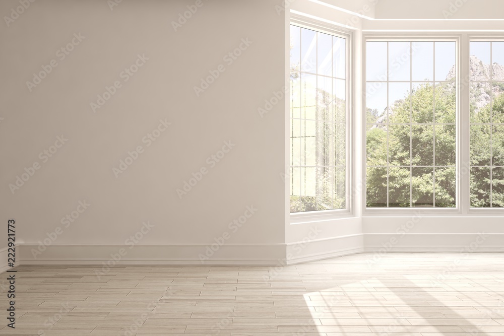 Obraz premium White empty room with summer landscape in window. Scandinavian interior design. 3D illustration