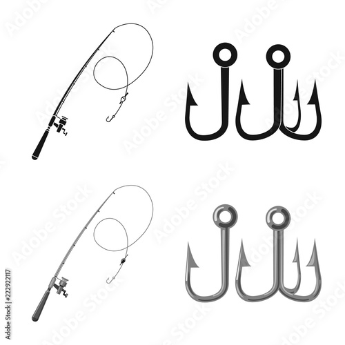 Vector illustration of fish and fishing logo. Set of fish and equipment stock symbol for web.