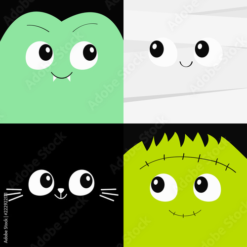 Happy Halloween. Zombie monster round face icon. Cute cartoon funny spooky baby character. Green head. Greeting card. Flat design. Orange background. Isolated.