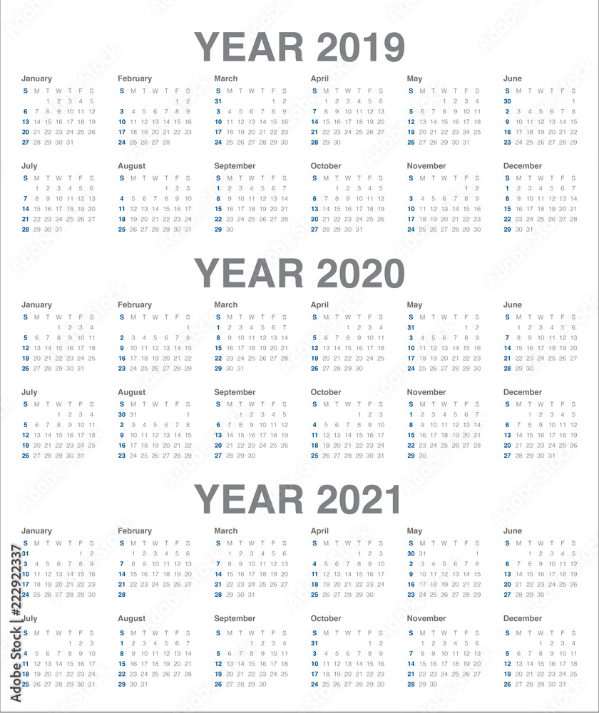 Year 2019 2020 2021 calendar vector design template Year 2019 2020 2021 calendar vector design template