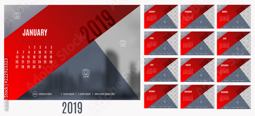 Vector of Calendar New year 2019 with 12 month calendar with modern red and blue triangle style,week start at Sunday,Template for place your photo.