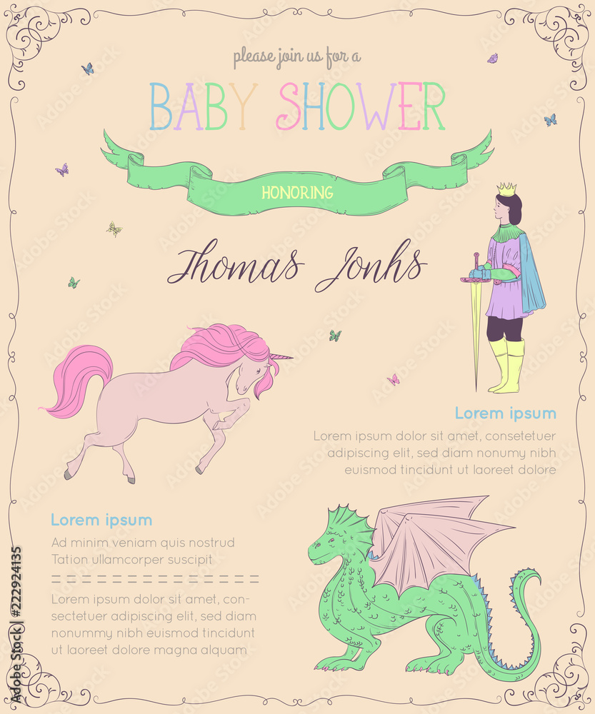 Obraz premium Baby shower invitation with prince, dragon, horse and butterflies. Fairy tale theme. Vintage vector illustration