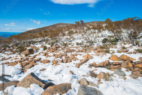 The scenery view on the summit of Mount Wellington after snow storm in Hobart the capital city of Tasmania state of Australia.