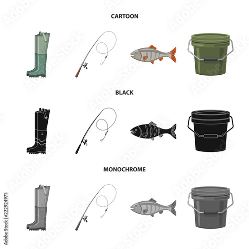 Vector illustration of fish and fishing symbol. Set of fish and equipment stock symbol for web.