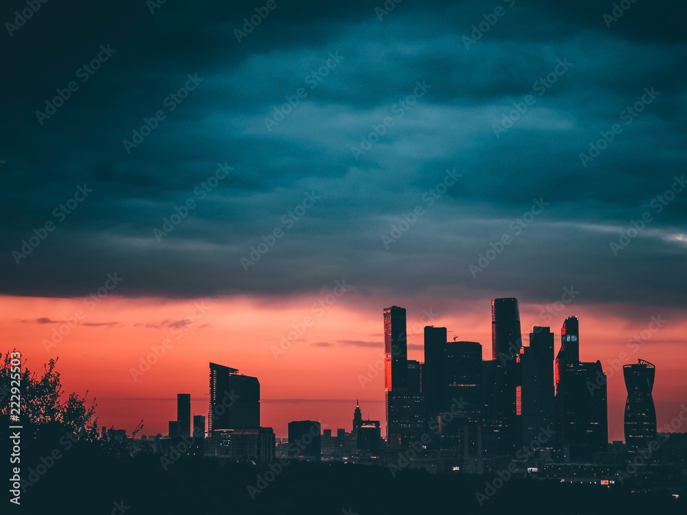 Moscow City, sunset and clouds
