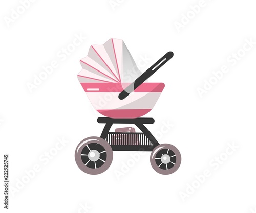 Illustration of Pink Baby stroller for baby girl with bag. Vector icon.