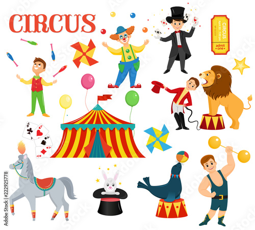 A set of colored circus artists. Circus performers perform tricks.Flat cartoon style. Vector illustration