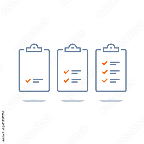 Efficient work, project plan, task management check list, fast progress, level up concept, short questionnaire, opinion survey