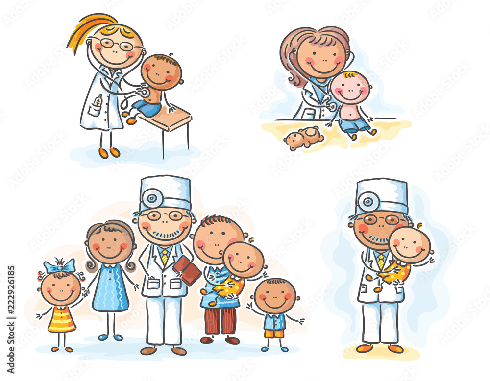 Family doctor with his patients, cartoon graphics, vector illustration Family doctor with his patients, cartoon graphics, vector illustration