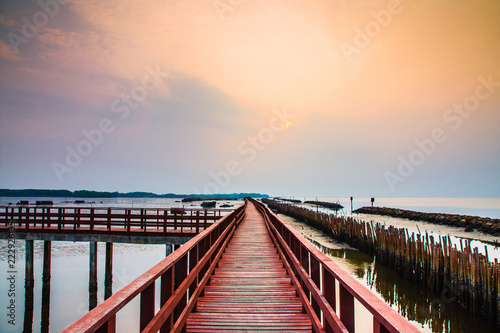 red bridge travel in morning at sea and beach sunlight beauty in nature