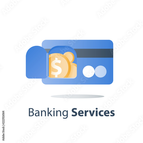 Dollar coin and credit card, payment method, bank services, cash back, financial solution, deposit and withdraw
