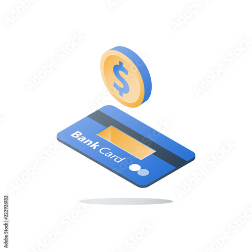Isometric dollar coin and credit card, payment method, bank services, cash back, financial solution, deposit and withdraw