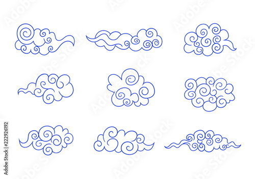 Vector Chinese Clouds Set, Icons Collection Isolated on White Background, Blue Color.