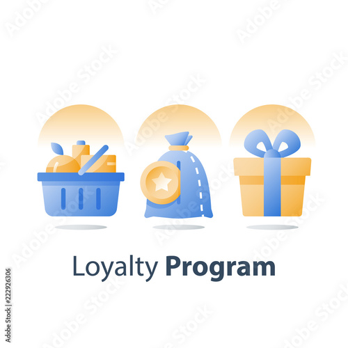 Earn bonus points, full grocery basket, loyalty program, redeem reward gift, present box, collect tokens