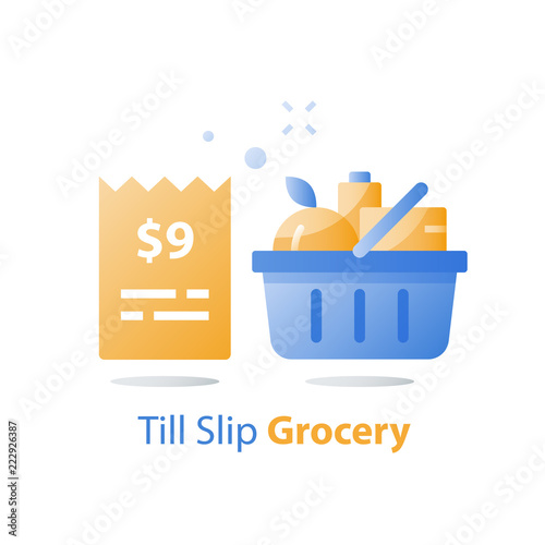 Food cost, till slip and full grocery basket, supermarket special offer, consumption concept