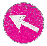 Arrow on old rusty pink road sign on white background for easy selection