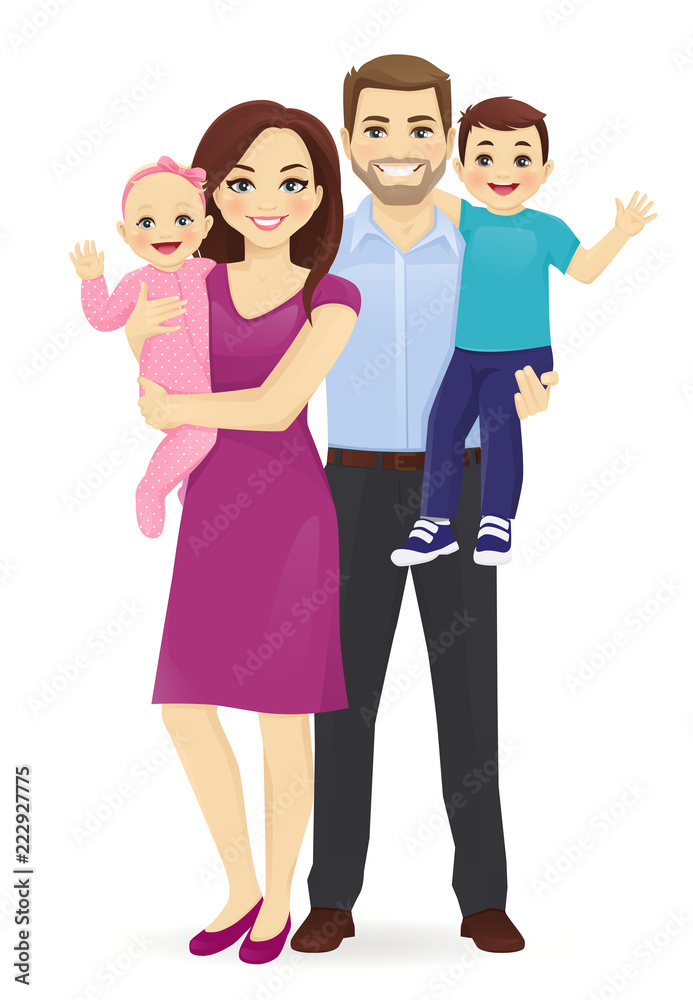Parents with newborn baby and toodler boy vector illustration isolated. Happy family portrait. Mother and father with daughter and son Parents with newborn baby and toodler boy vector illustration isolated. Happy family portrait. Mother and father with daughter and son