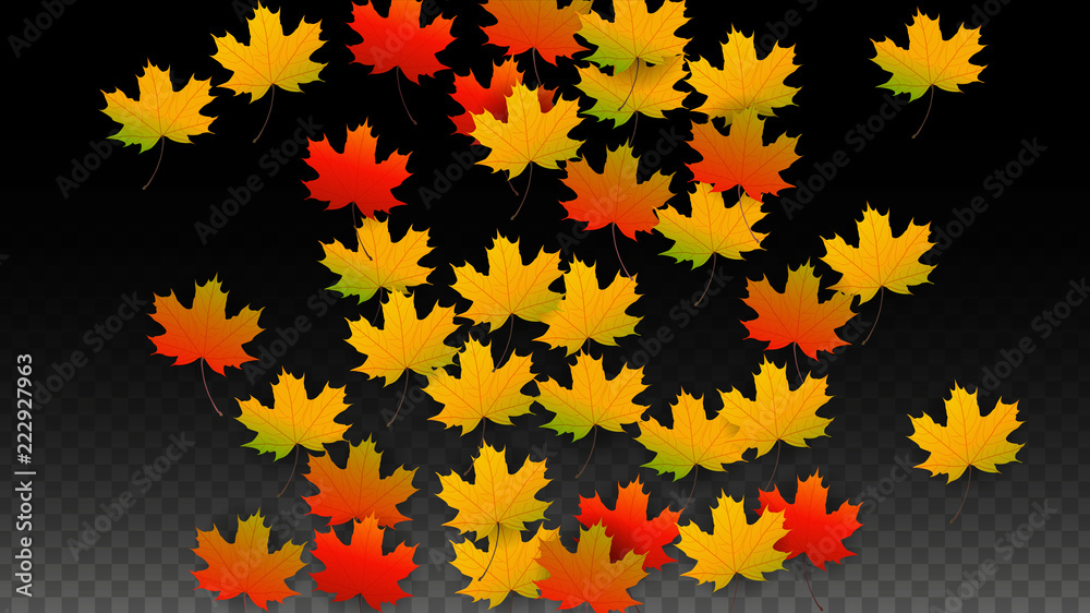 September Vector Background with Golden Falling Leaves. Autumn Illustration with Maple Red, Orange, Yellow Foliage. Isolated Leaf on Transparent Background. Bright Swirl. Suitable for Posters.