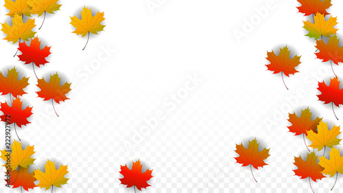 September Vector Background with Golden Falling Leaves. Autumn Illustration with Maple Red, Orange, Yellow Foliage. Isolated Leaf on Transparent Background. Bright Swirl. Suitable for Posters.