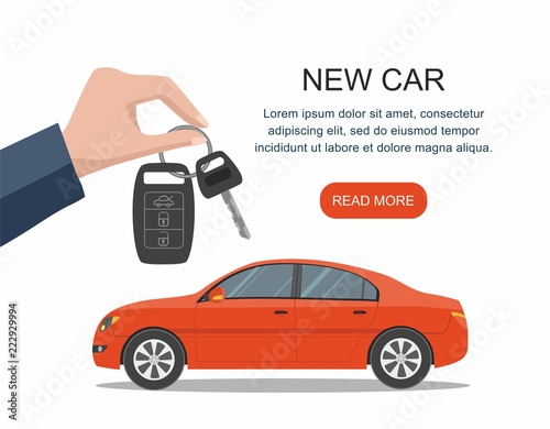 Hand holding keys to new red car. Web banner