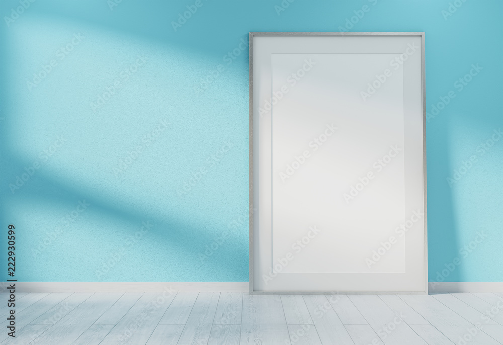 Large vertical frame leaning on a blue wall 3D rendering Large vertical frame leaning on a blue wall 3D rendering