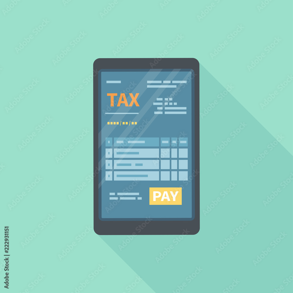 Tax form on the phone screen with magnifying glass. Online tax mobile payment via smartphone. Internet banking concept. Online paying, bookkeeping, accounting. Vector icon Tax form on the phone screen with magnifying glass. Online tax mobile payment via smartphone. Internet banking concept. Online paying, bookkeeping, accounting. Vector icon