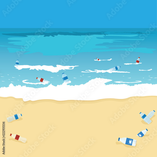 Plastic bottle pollution of ocean, sea or beach. Bottles, plastic bags and debris on the seabed and seashore. Vector Water environment protection concept illustration.