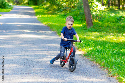 Boy riding bicycle in a park. Summer time
