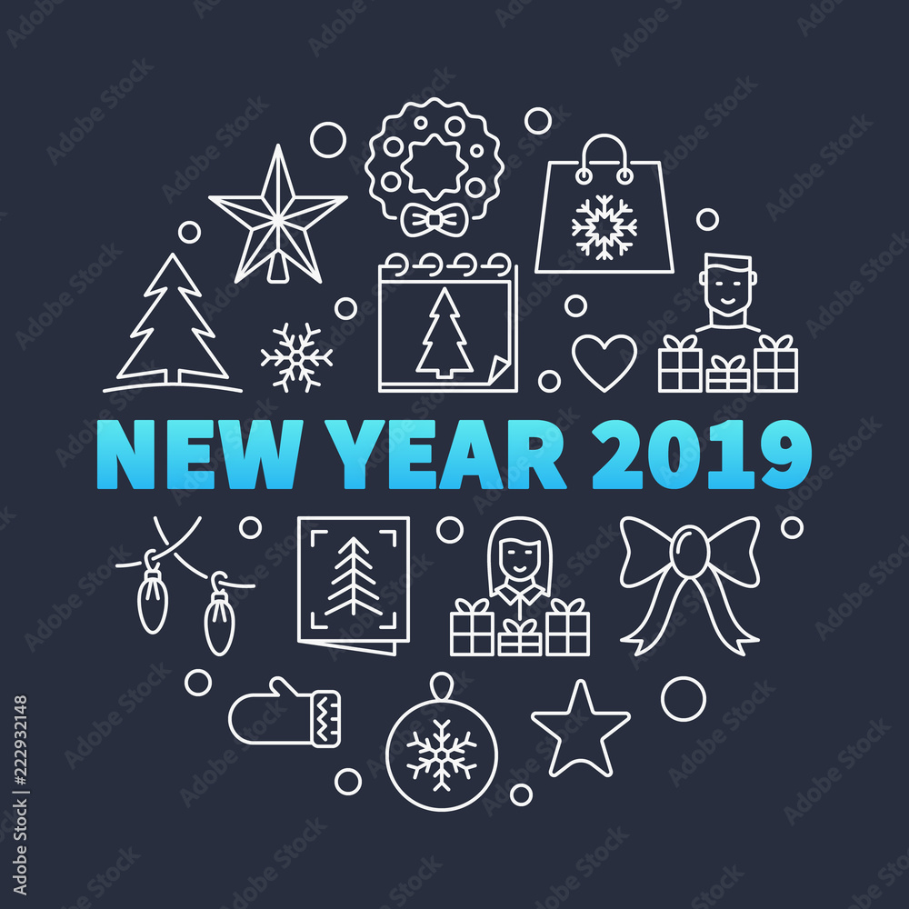 New Year 2019 round vector concept illustration in line style New Year 2019 round vector concept illustration in line style