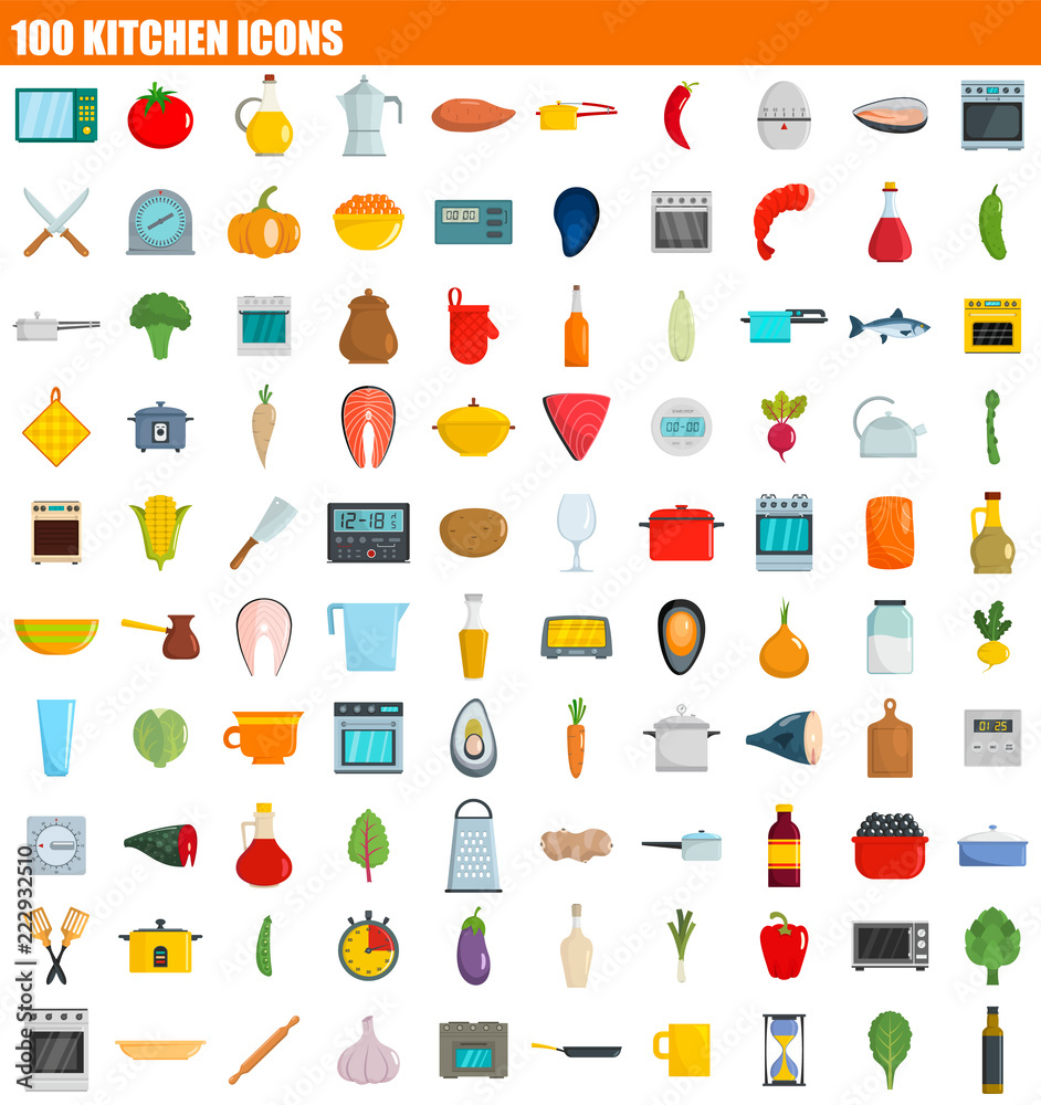 100 kitchen icon set. Flat set of 100 kitchen vector icons for web design 100 kitchen icon set. Flat set of 100 kitchen vector icons for web design