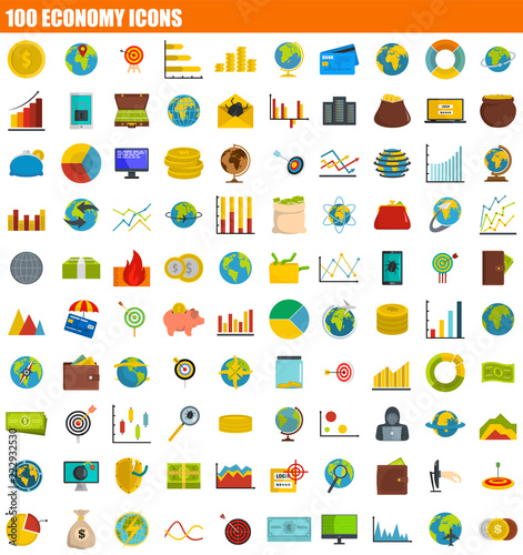 100 economy icon set. Flat set of 100 economy vector icons for web design