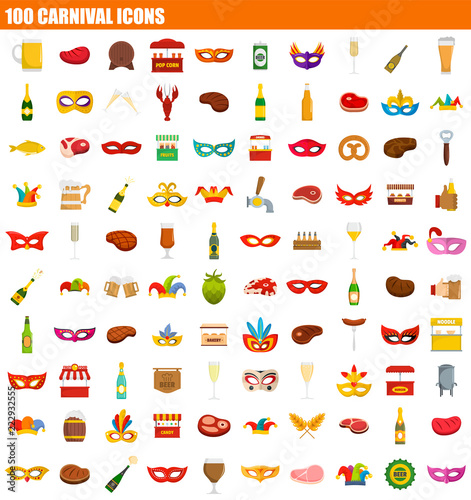 100 carnival icon set. Flat set of 100 carnival vector icons for web design