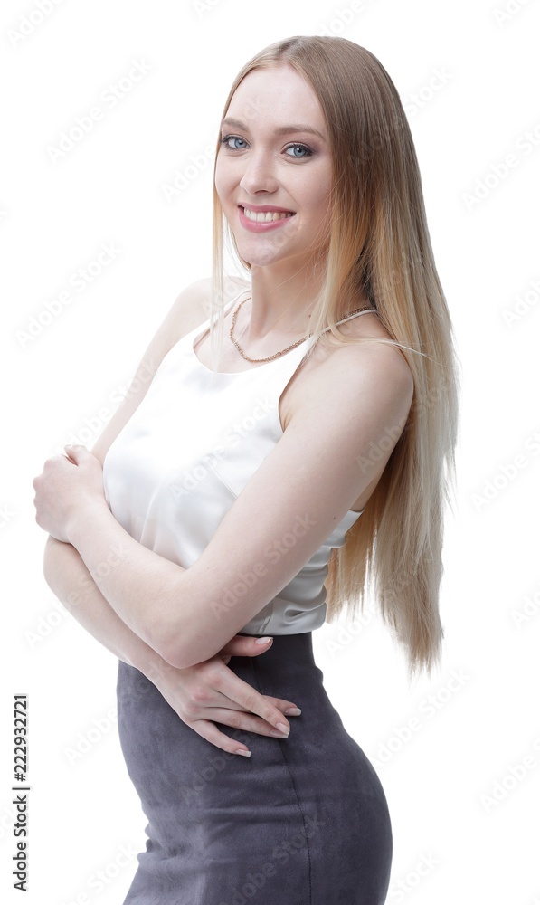 side view. stylish young woman looking at the camera. side view. stylish young woman looking at the camera.