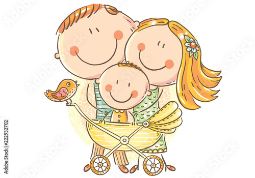 Happy family with a baby in a baby carriage