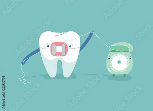 Brace tooth using dental floss for white teeth, dental vector concept.