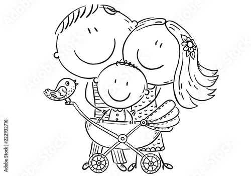 Happy family with a baby in a baby carriage, outline
