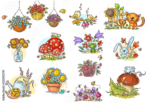Small and simple artoon illustrations with animals and flowers