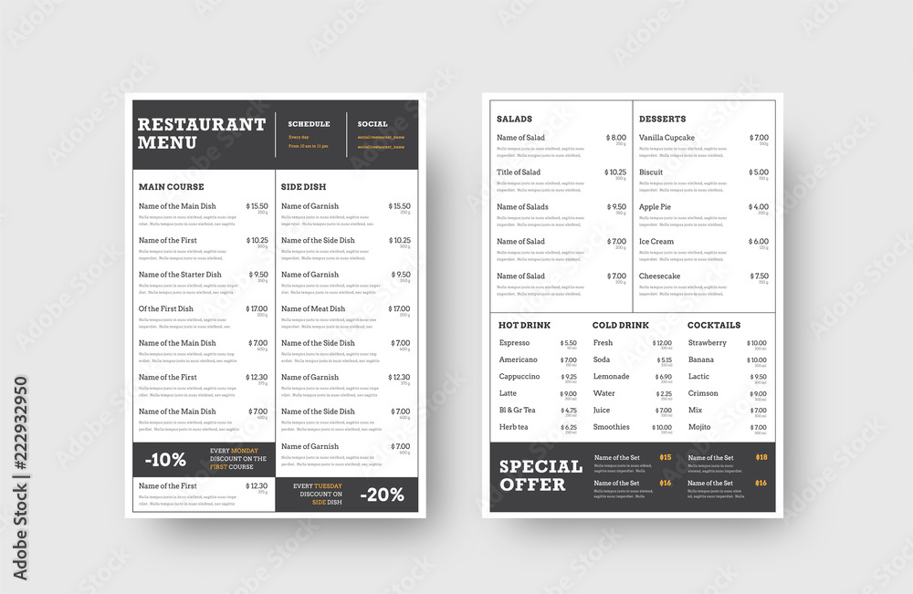 Design the front and back pages of the menu for a restaurant or cafe, divided into blocks for dishes, drinks and stock. - obrazy, fototapety, plakaty 