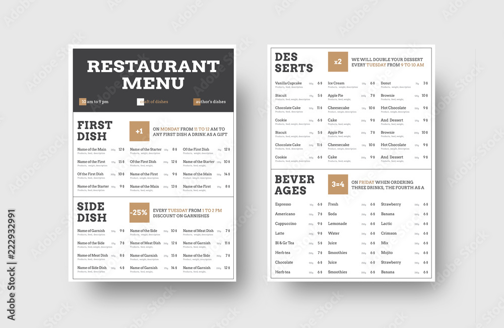 vector menu template for cafes or restaurants with division into blocks for information. - obrazy, fototapety, plakaty 