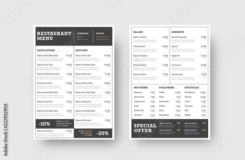 Design the front and back pages of the menu for a restaurant or cafe, divided into blocks for dishes, drinks and stock.