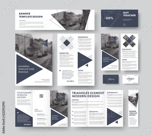 set of modern corporate style with triangular design elements, lines and a place for photos.