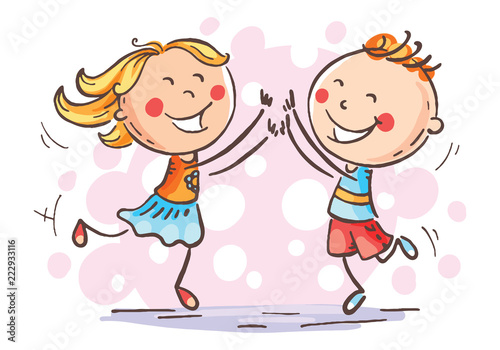 Boy and girl jumping with joy, vector