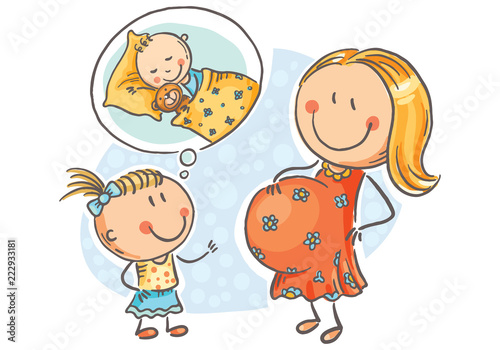 Pregnant mother and little daughter talking about the future baby, vector illustration